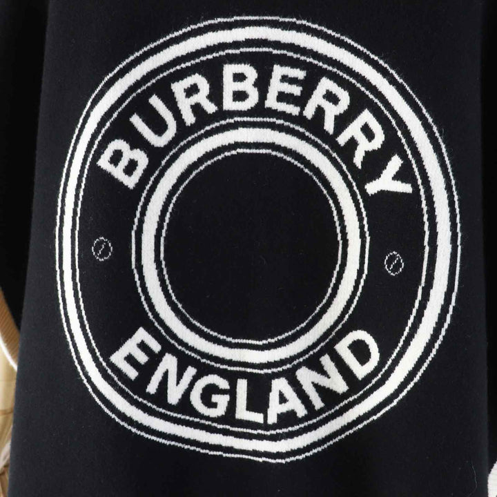 美品◎BURBERRY バーバリー 21SS 8031544 ウール カシミヤ バックロゴ フーデッド ケープ／ポンチョ ブラック ホワイト ONE SIZE 正規品