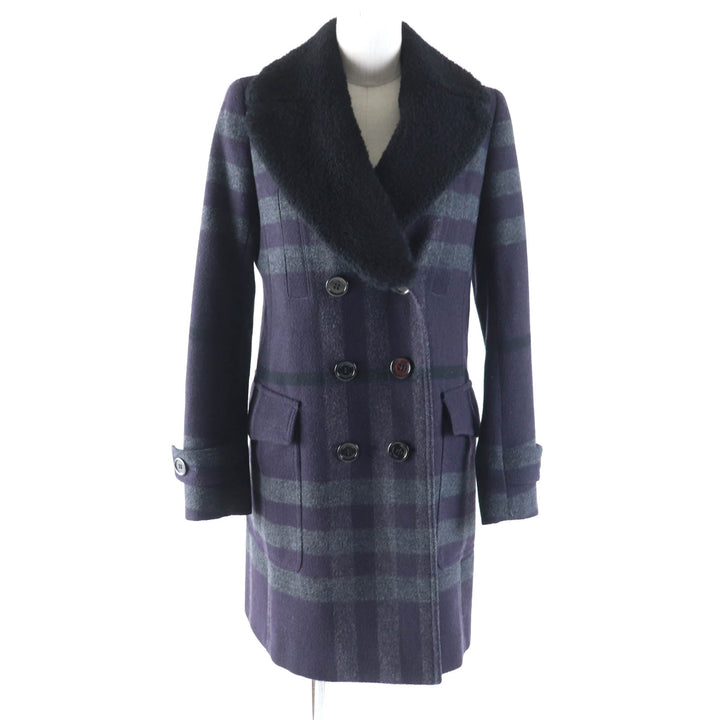 美品★BURBERRY LONDON バーバリーロンドン 襟元ムートン・ロゴボタン付 チェック柄 ダブルブレスト ウールコート 38 日本製 正規品