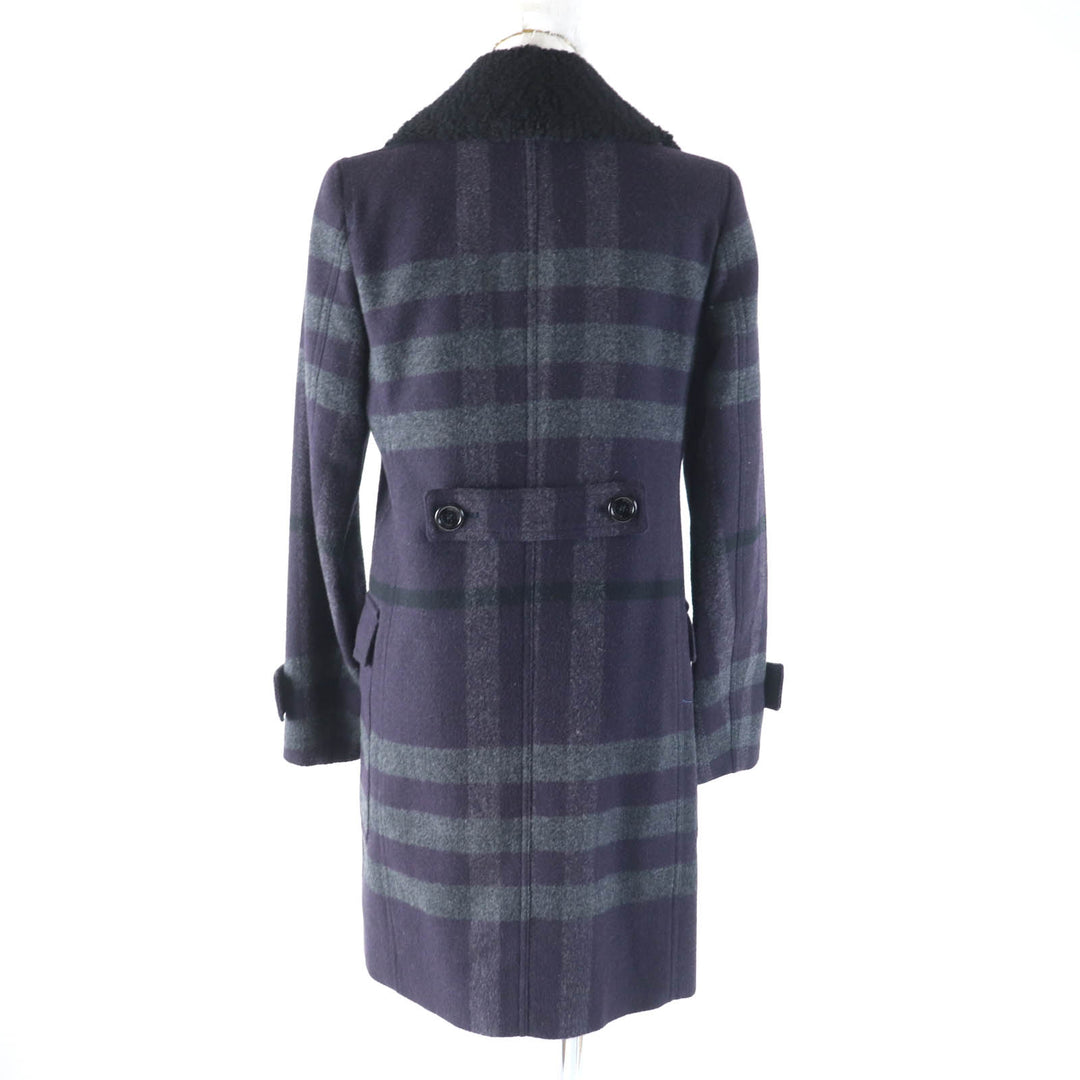 美品★BURBERRY LONDON バーバリーロンドン 襟元ムートン・ロゴボタン付 チェック柄 ダブルブレスト ウールコート 38 日本製 正規品