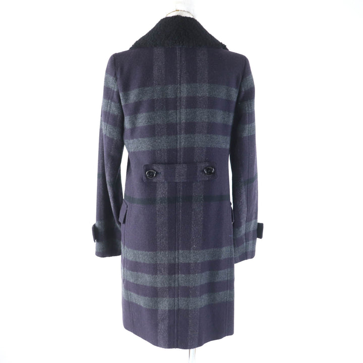 美品★BURBERRY LONDON バーバリーロンドン 襟元ムートン・ロゴボタン付 チェック柄 ダブルブレスト ウールコート 38 日本製 正規品