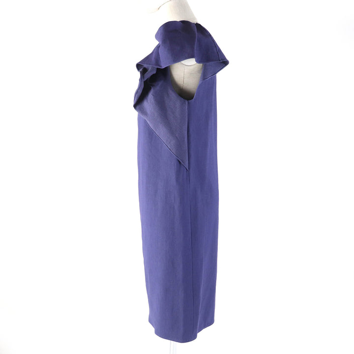 未使用品△LANVIN ランバン リネン ワンショルダー ノースリーブ ドレス ワンピース パープルブルー 38 フランス製 正規品 定価302500円