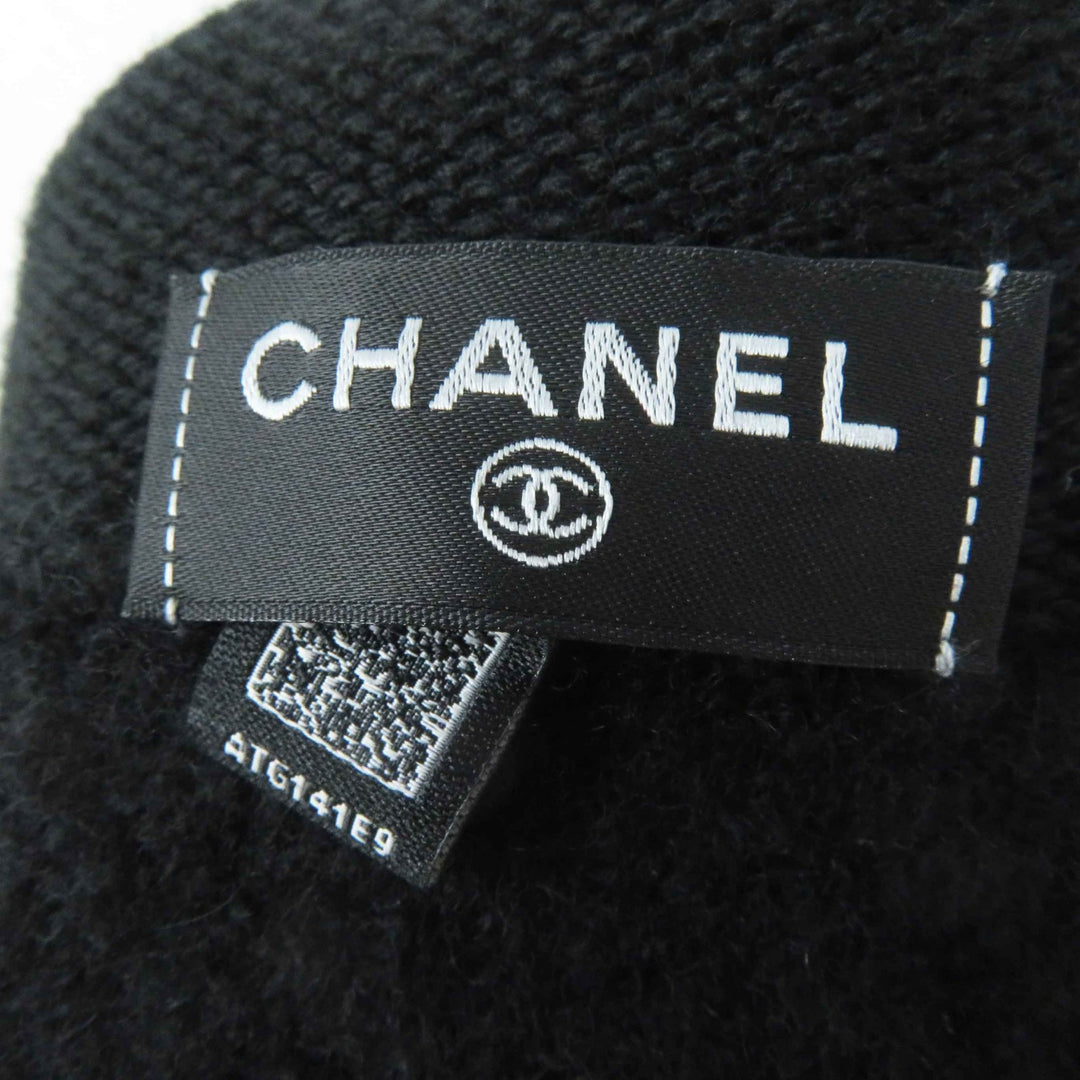 未使用品◎CHANEL シャネル カシミヤ混 ココマーク ニットグローブ／ニットキャップ 2点セット ブラック ホワイト 箱付 イギリス製 正規品