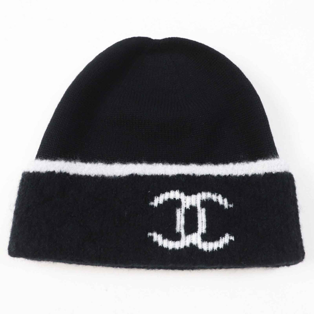 未使用品◎CHANEL シャネル カシミヤ混 ココマーク ニットグローブ／ニットキャップ 2点セット ブラック ホワイト 箱付 イギリス製 正規品