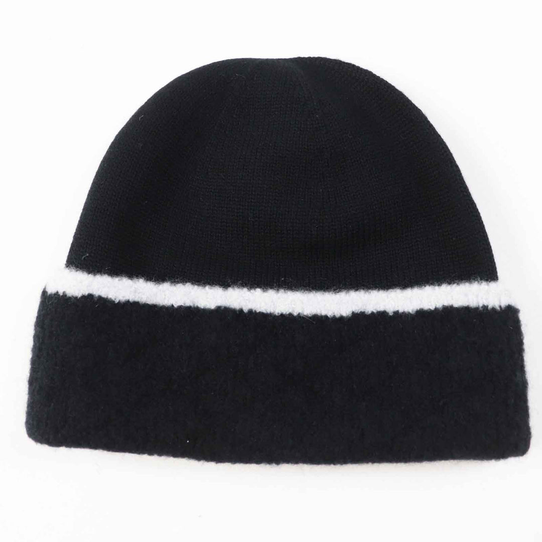 未使用品◎CHANEL シャネル カシミヤ混 ココマーク ニットグローブ／ニットキャップ 2点セット ブラック ホワイト 箱付 イギリス製 正規品