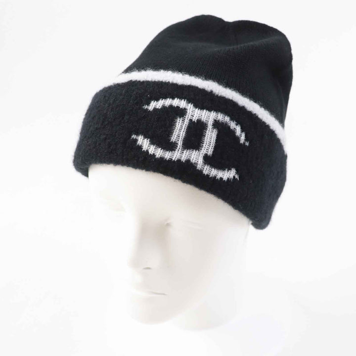 未使用品◎CHANEL シャネル カシミヤ混 ココマーク ニットグローブ／ニットキャップ 2点セット ブラック ホワイト 箱付 イギリス製 正規品