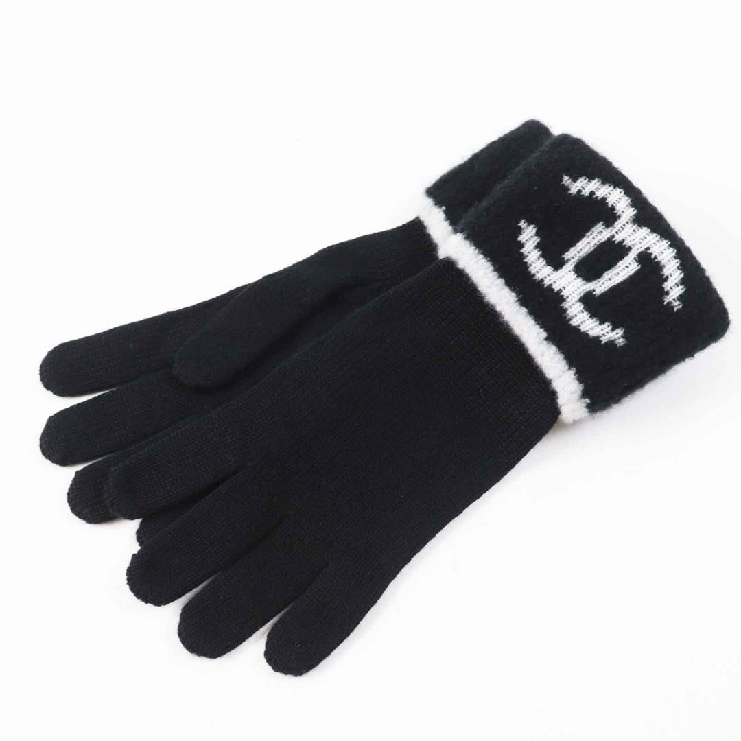 未使用品◎CHANEL シャネル カシミヤ混 ココマーク ニットグローブ／ニットキャップ 2点セット ブラック ホワイト 箱付 イギリス製 正規品