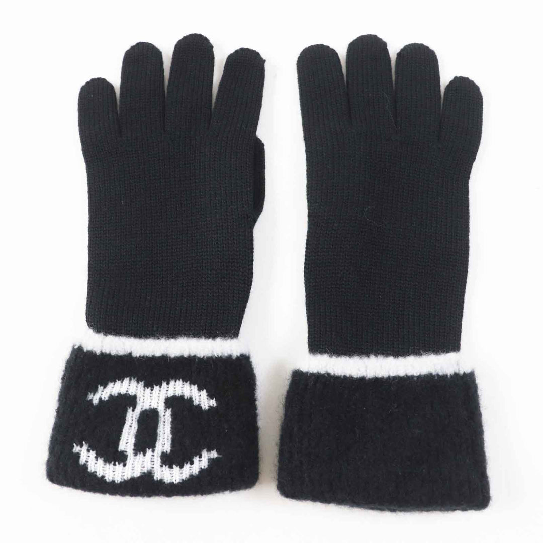 未使用品◎CHANEL シャネル カシミヤ混 ココマーク ニットグローブ／ニットキャップ 2点セット ブラック ホワイト 箱付 イギリス製 正規品