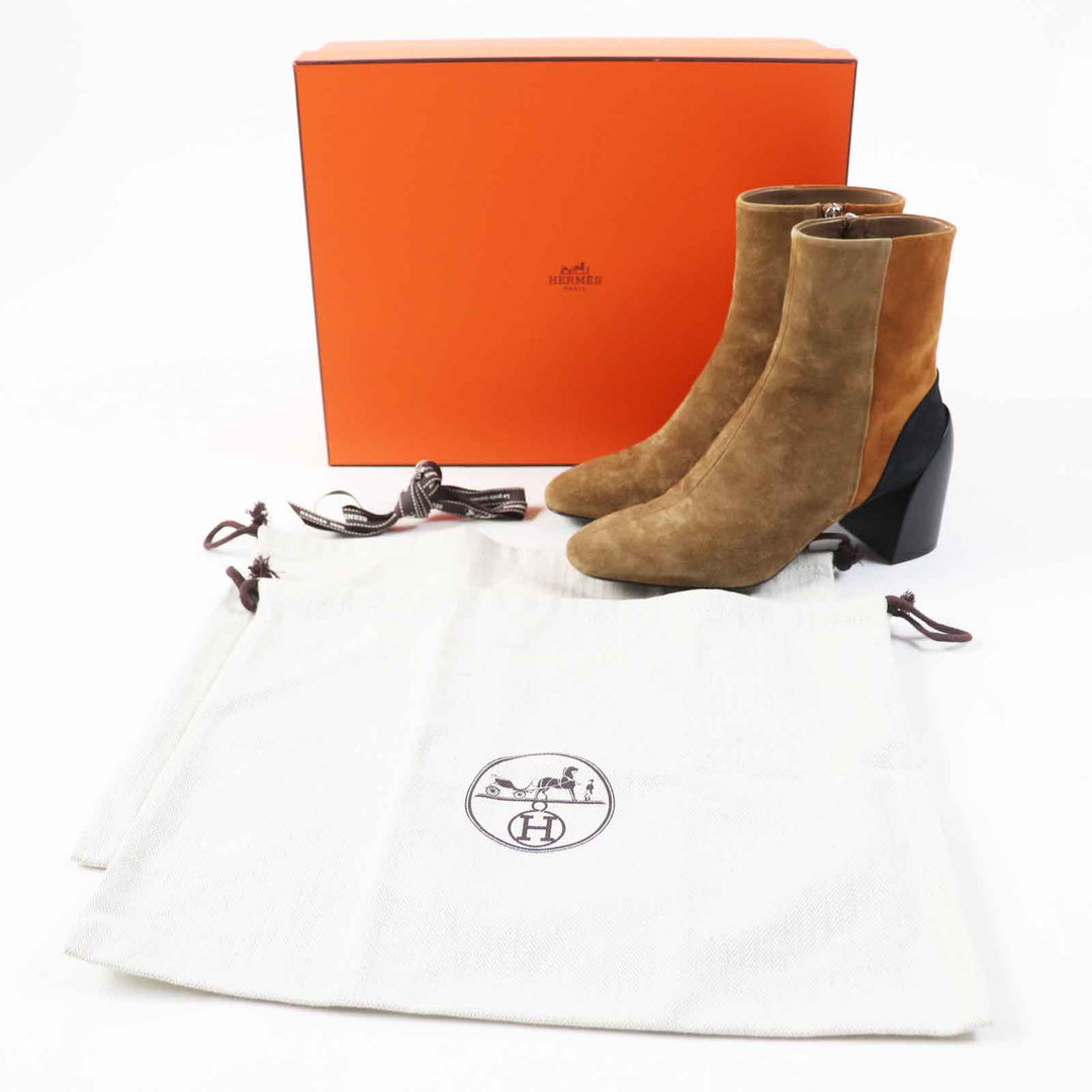 美品◎HERMES エルメス BROOKE ブルーク スウェードレザー ショートブーツ マルチ 37 箱・保存袋付 イタリア製 レディース 定価162000円