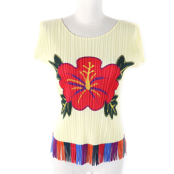 極美品★PLEATS PLEASE プリーツプリーズ イッセイミヤケ PP91-JK572 ハイビスカス 裾フリンジ フレンチスリーブ カットソー 3 正規品
