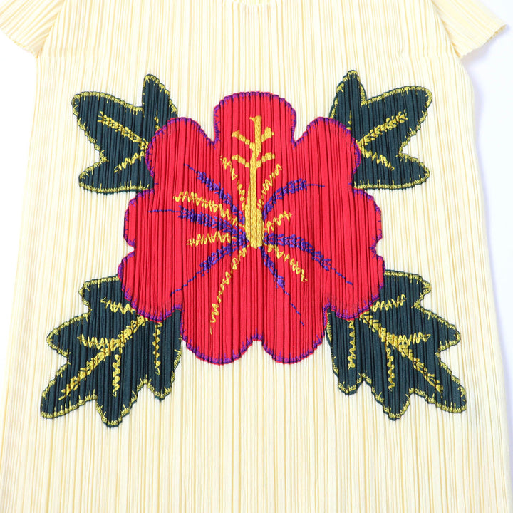 極美品★PLEATS PLEASE プリーツプリーズ イッセイミヤケ PP91-JK572 ハイビスカス 裾フリンジ フレンチスリーブ カットソー 3 正規品