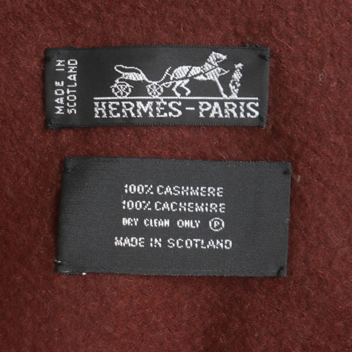 良品▼HERMES エルメス カシミヤ100% フリンジ付き ロゴ刺繍 大判ストール マフラー レッドブラウン スコットランド製 メンズ