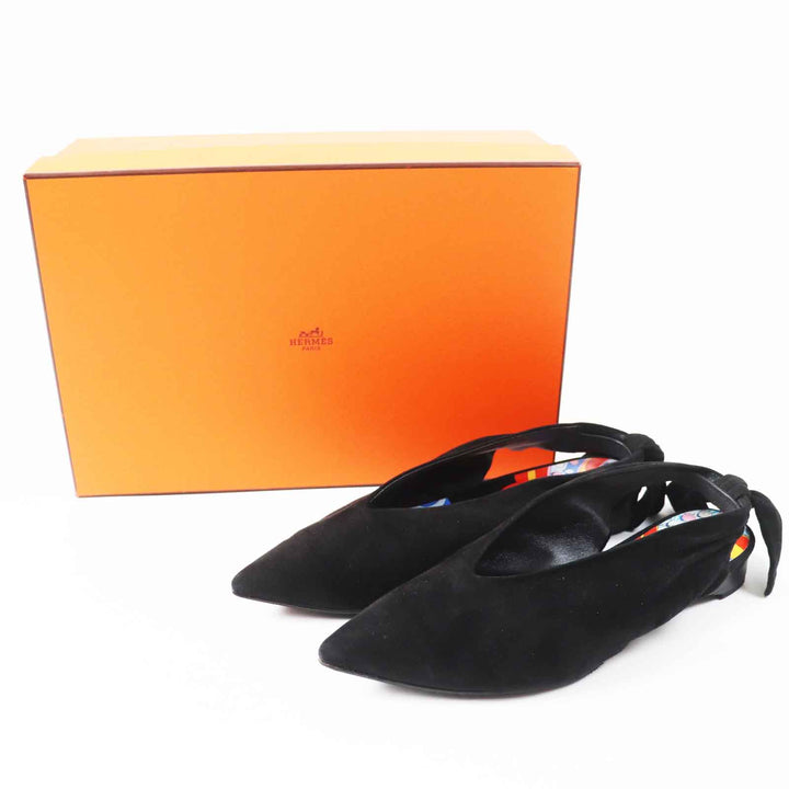 美品◎HERMES エルメス 2022年製 221013Z バックリボン ポインテッドトゥ ローヒール スウェードレザー パンプス ブラック 36 箱付 伊製