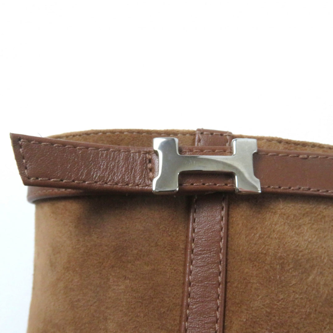 極美品★HERMES エルメス 2023年製 232082Z H金具付 レザー使い サイドZIP スクエアトゥ スウェードレザー ショートブーツ ブラウン 35