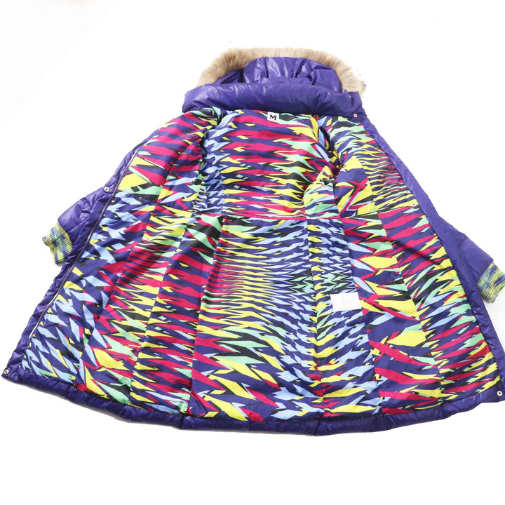美品◎Missoni ミッソーニ 裏地総柄 ラクーンファー・フード付き ロング ダウンコート パープル 裏マルチ 40 正規品 レディース