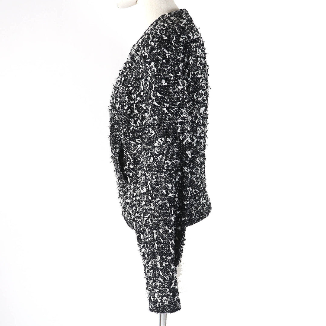 極美品△CHANEL シャネル P62063 アルパカ混 ココマークボタン リボンツイード ノーカラー ジップアップ ジャケット ブラック系 34 袋付