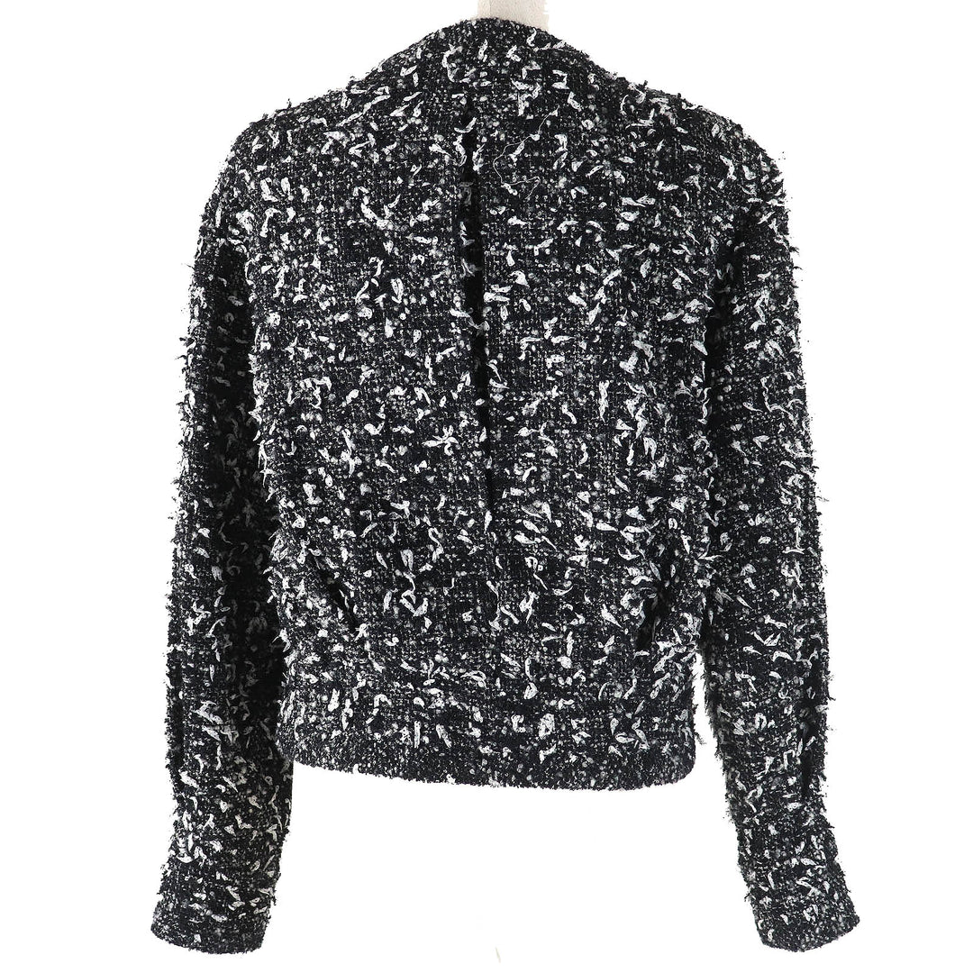 極美品△CHANEL シャネル P62063 アルパカ混 ココマークボタン リボンツイード ノーカラー ジップアップ ジャケット ブラック系 34 袋付