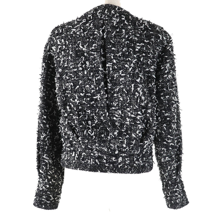 極美品△CHANEL シャネル P62063 アルパカ混 ココマークボタン リボンツイード ノーカラー ジップアップ ジャケット ブラック系 34 袋付