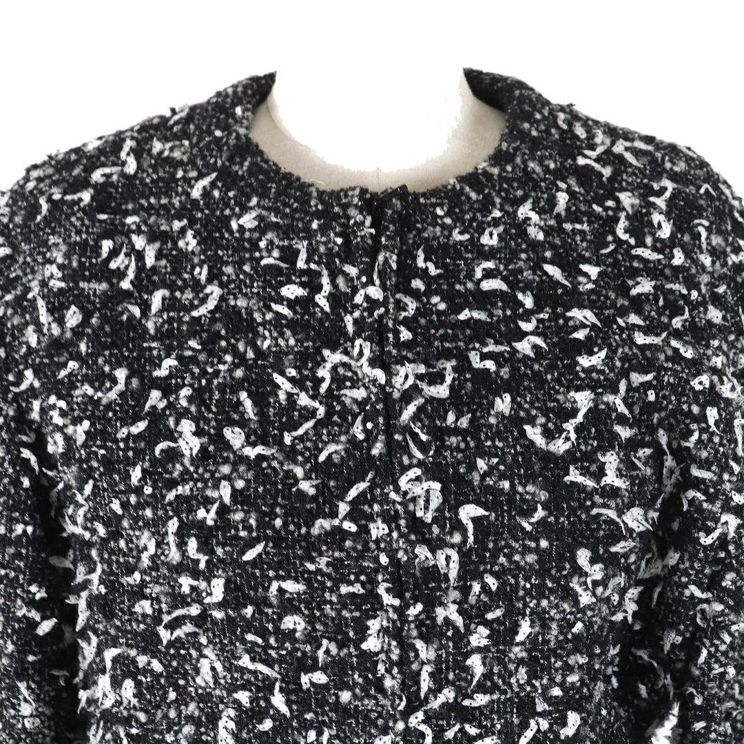 極美品△CHANEL シャネル P62063 アルパカ混 ココマークボタン リボンツイード ノーカラー ジップアップ ジャケット ブラック系 34 袋付