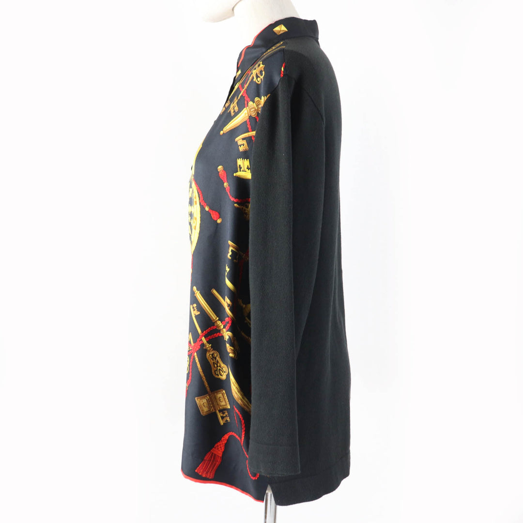 美品☆HERMES エルメス ヴィンテージ LES CLES THE KEYS RARE シルク カシミヤ混 ツイルレーヌ 長袖ポロシャツ 黒 M 正規品 レディース