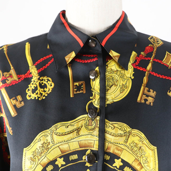美品☆HERMES エルメス ヴィンテージ LES CLES THE KEYS RARE シルク カシミヤ混 ツイルレーヌ 長袖ポロシャツ 黒 M 正規品 レディース