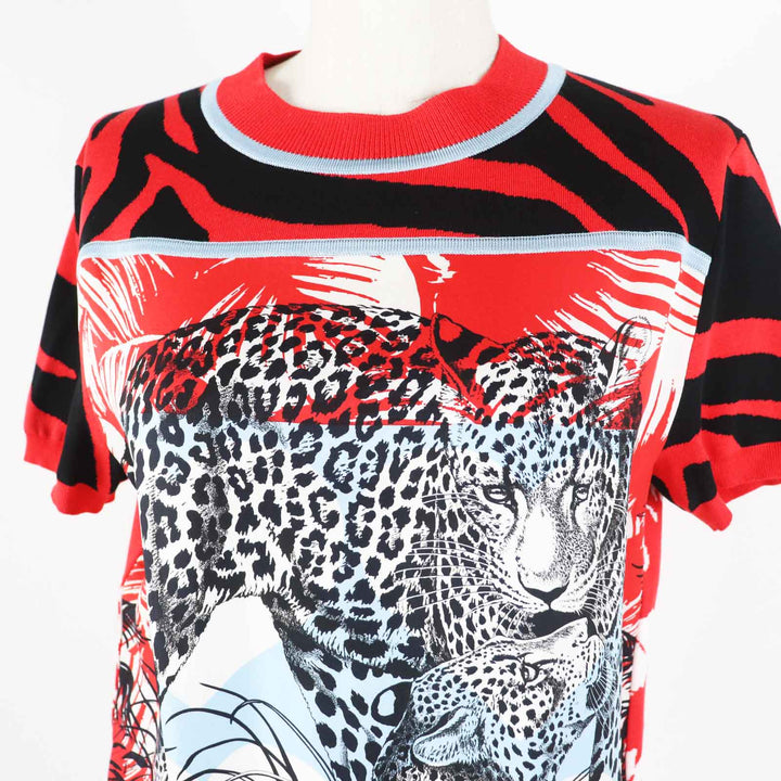 極美品◎HERMES エルメス 3E2868D3 JUNGLE LOVE ジャングルラブ シルク 半袖ニット レッド×マルチ 36 イタリア製 正規品 レディース