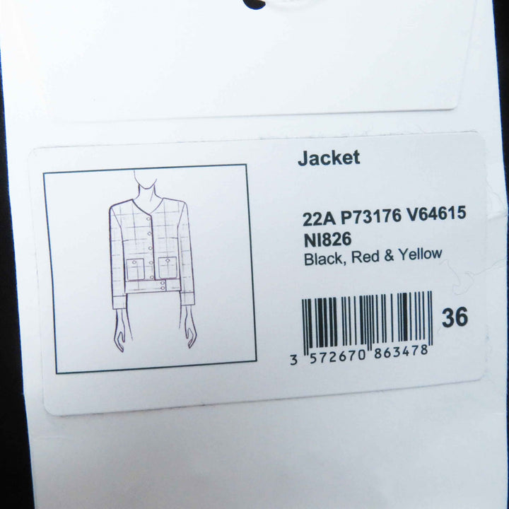 未使用品◎CHANEL シャネル 22A P73176 ココマークビジューボタン リボンツイード ノーカラー ジャケット ブラック レッド イエロー 36
