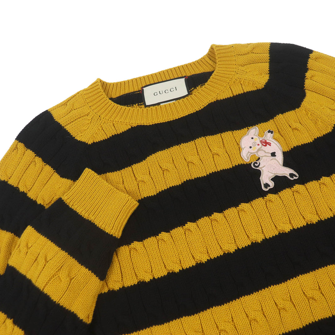 極美品□GUCCI グッチ 545709 コットン100％ ボーダー アニマルワッペン ニット セーター イエロー ブラック S イタリア製 正規品 メンズ