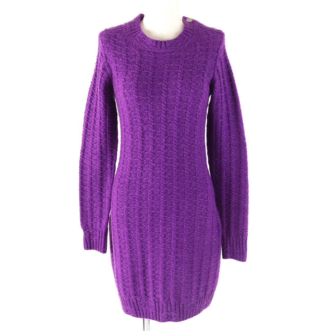 極美品△CHANEL シャネル 23AW P75622 ウール カシミヤ 両肩ココマークボタン ニット ドレス ワンピース パープル 34 イタリア製 正規品