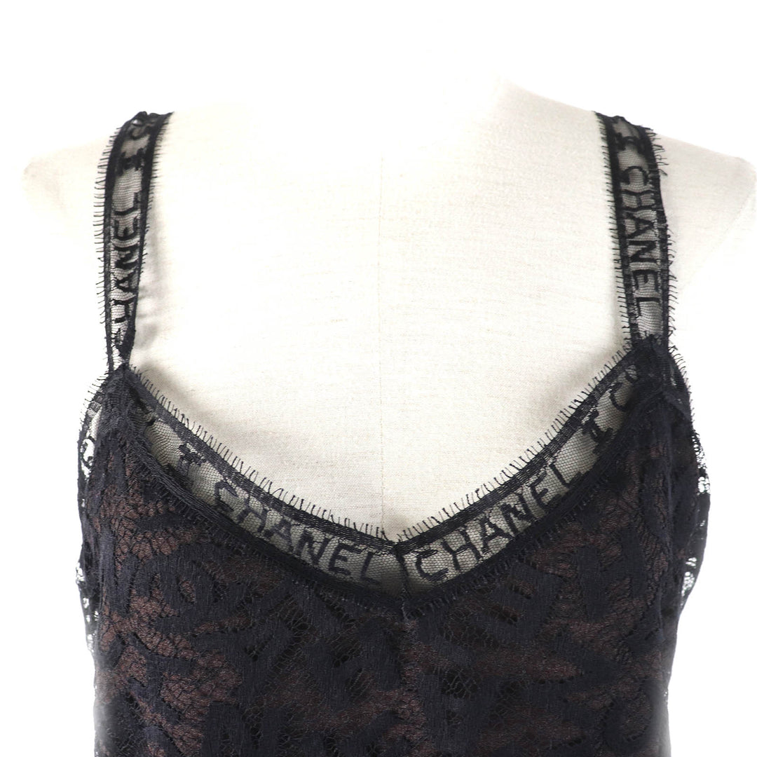 極美品△CHANEL シャネル 98A P12215 総ロゴレース キャミソール スカート セットアップ ブラック ダークブラウン 42 仏製 レディース