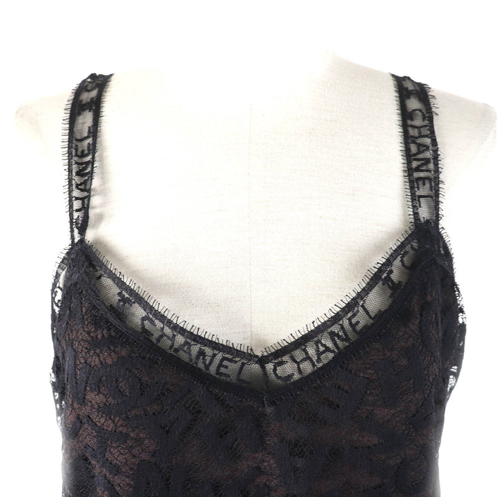 極美品△CHANEL シャネル 98A P12215 総ロゴレース キャミソール スカート セットアップ ブラック ダークブラウン 42 仏製 レディース