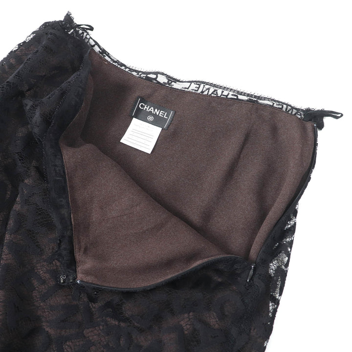 極美品△CHANEL シャネル 98A P12215 総ロゴレース キャミソール スカート セットアップ ブラック ダークブラウン 42 仏製 レディース