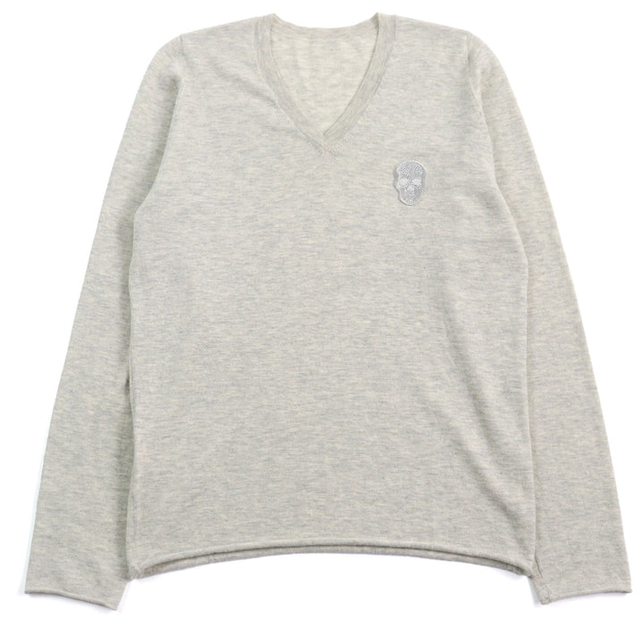 美品○Lucien Pellat-Finet ルシアンペラフィネ カシミヤ100% スワロスカル Vネック ロールヘム ニット セーター グレー M 正規品 メンズ