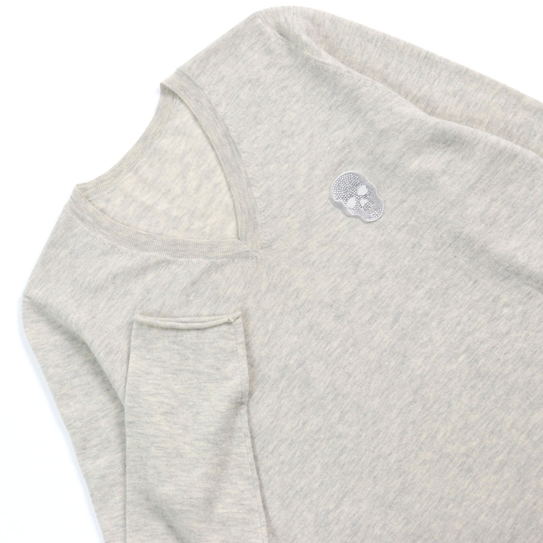 美品○Lucien Pellat-Finet ルシアンペラフィネ カシミヤ100% スワロスカル Vネック ロールヘム ニット セーター グレー M 正規品 メンズ