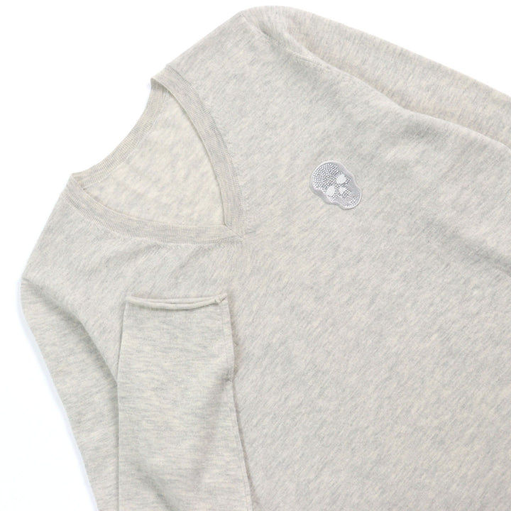 美品○Lucien Pellat-Finet ルシアンペラフィネ カシミヤ100% スワロスカル Vネック ロールヘム ニット セーター グレー M 正規品 メンズ
