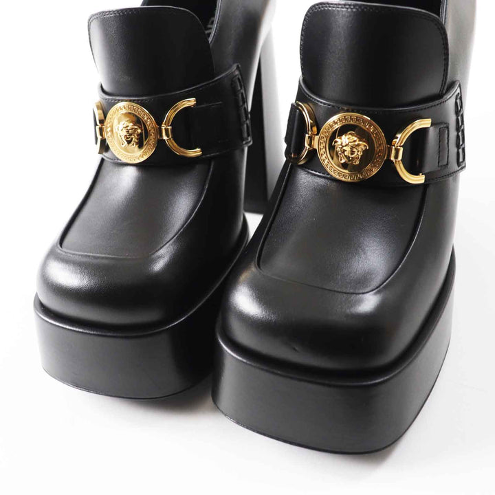 極美品◎VERSACE ヴェルサーチ メデューサ金具 チャンキーヒール プラットフォーム レザー パンプス ブラック ゴールド金具 37.5 伊製