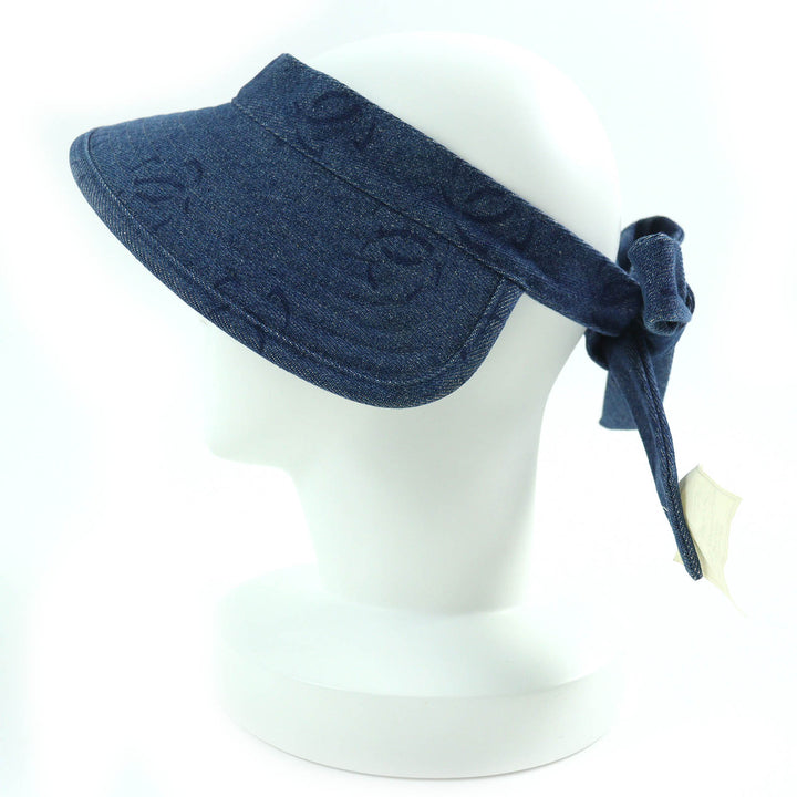 極美品△CHANEL シャネル ヴィンテージ 02P コットン100％ ココマーク デニム サンバイザー インディゴブルー レディース デッドストック