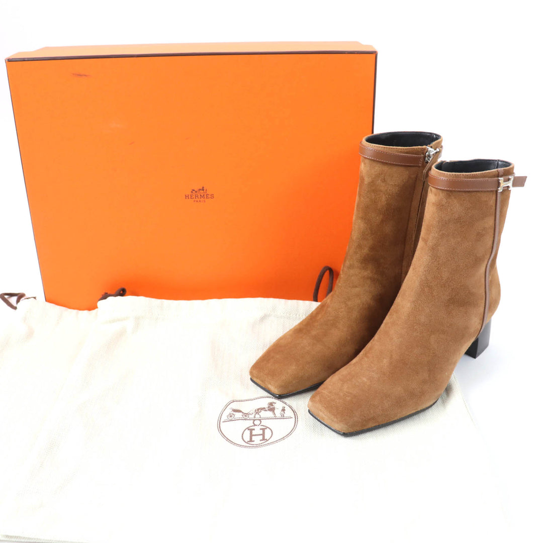 未使用品☆HERMES エルメス オマージュ シルバー金具 Hバングル スウェードレザー ショートブーツ ブラウン 36 箱・袋付 伊製 レディース