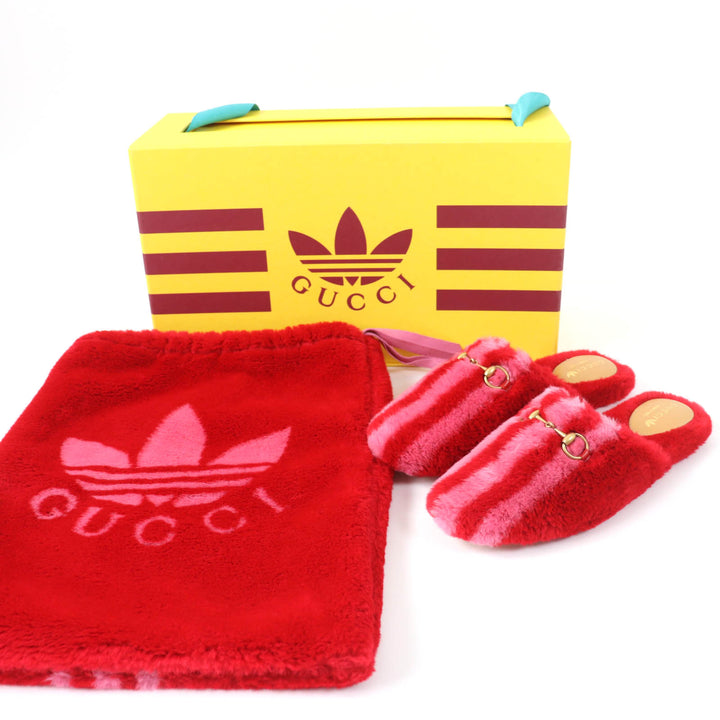 未使用品☆GUCCI×adidas グッチ×アディダス 722442 ホースビット ファー ミュール レッド 37 箱・保存袋付き イタリア製 レディース