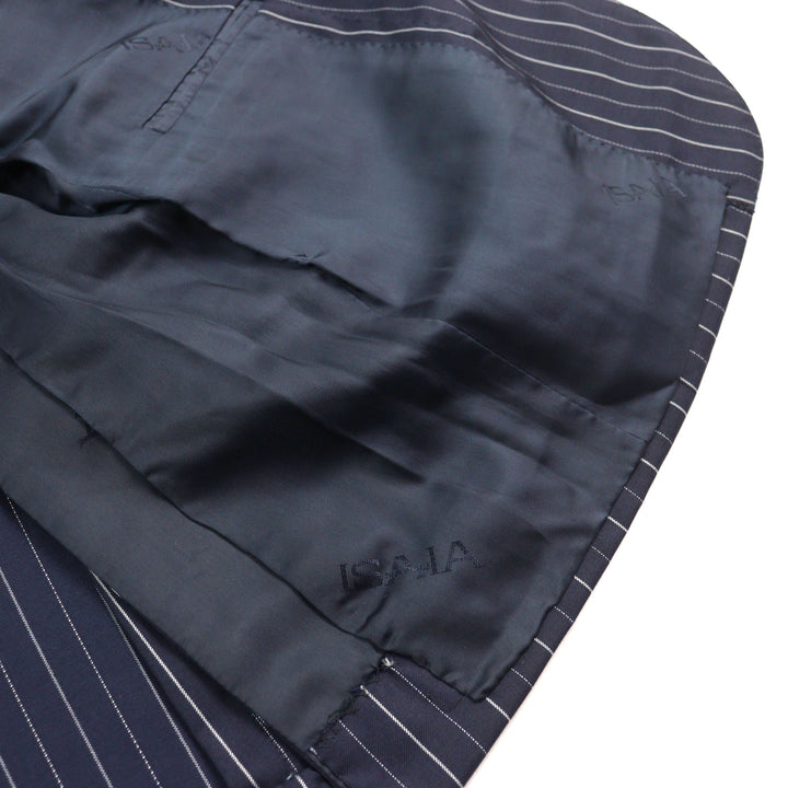 美品○ISAIA イザイア ウール100% Super 120s生地使用 ストライプ柄 シングル スーツ ネイビー 42 イタリア製 正規品 メンズおすすめ