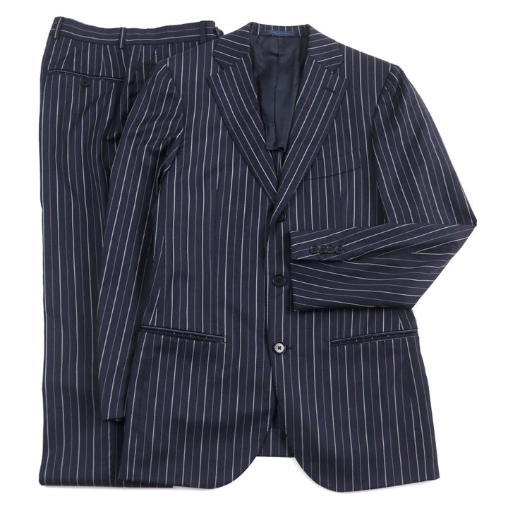 美品○ISAIA イザイア ウール100% Super 120s生地使用 ストライプ柄 シングル スーツ ネイビー 42 イタリア製 正規品 メンズおすすめ