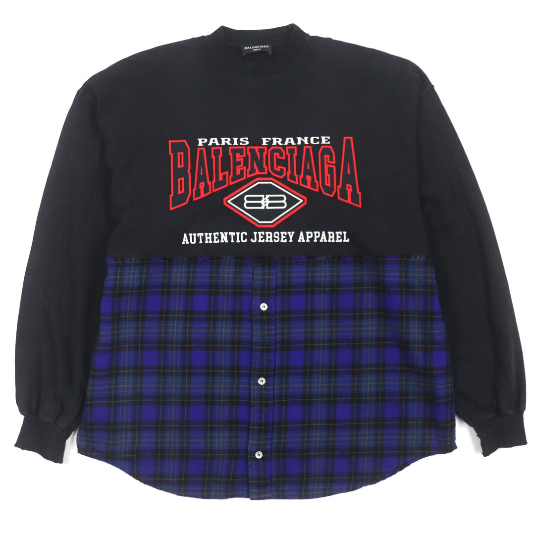 美品▼BALENCIAGA バレンシアガ 21AW 698227 B AUTHENTIC PATCHED チェック柄 ダメージ加工 ロングスリーブ 長袖Tシャツ L 正規品 メンズ