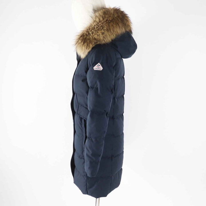 美品◎Pyrenex ピレネックス GRENOBLE グルノーブル ワッペン・ラクーンファー・フード付き ダウンコート ネイビー 34 正規品 レディース