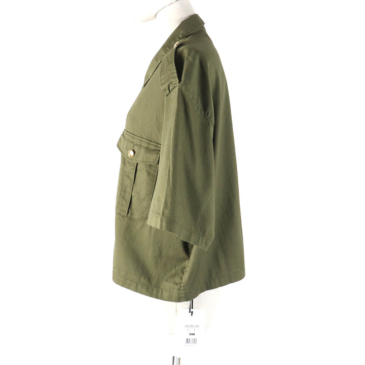 未使用品△CELINE セリーヌ 2C580106K コットン100% トリオンフボタン ミリタリーシャツ 半袖シャツ カーキ 38 日本製 正規品 レディース