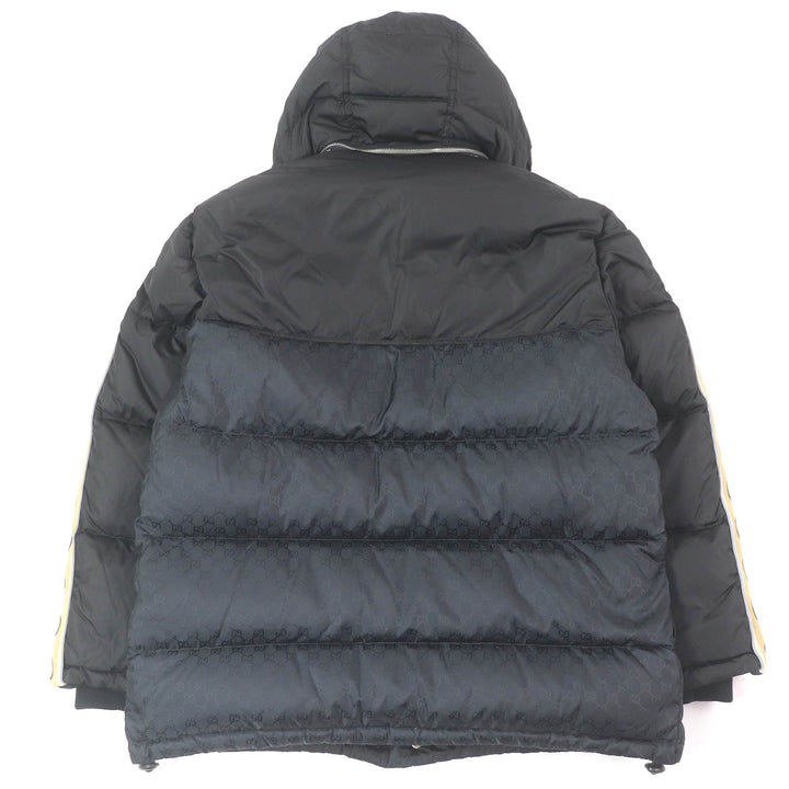 美品□GUCCI グッチ 598725 GGジャガード サイドライン ロゴ総柄 フーデッド ダウンコート ジャケット ブラック 50 イタリア製 正規品