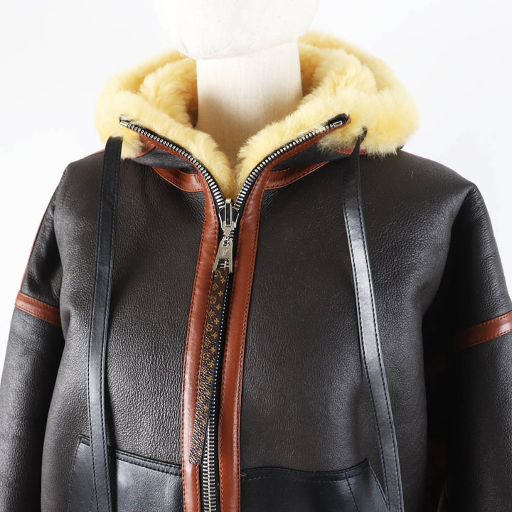 美品◎LOUIS VUITTON ルイヴィトン FJLJ12XKN 羊革 モノグラム リバーシブル ムートンジャケット ダークブラウン 正規品 レディース