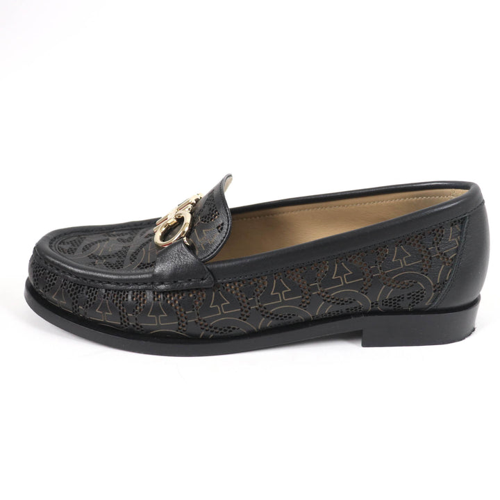 極美品☆Salvatore Ferragamo サルヴァトーレフェラガモ ROLO ガンチーニ金具 ロゴ総柄 レザー ローファー ブラック 5.5 レディース