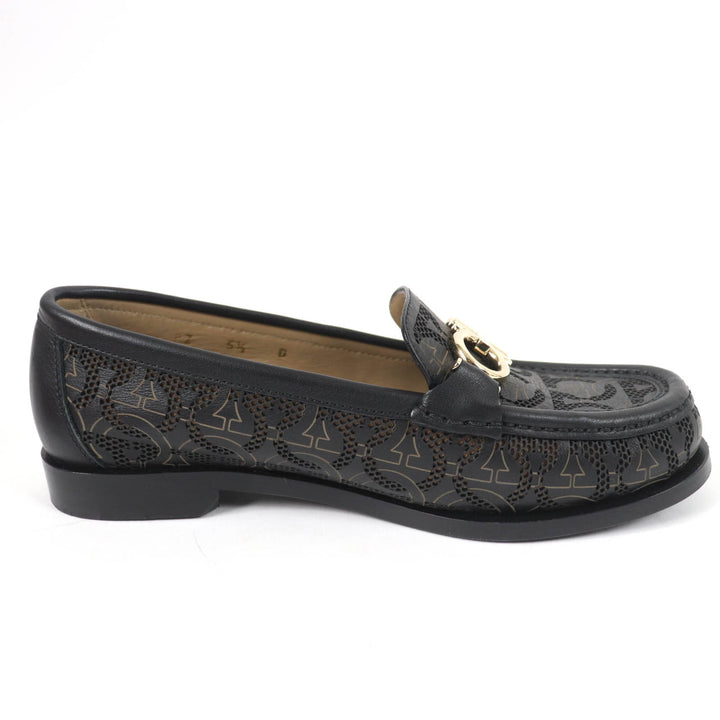 極美品☆Salvatore Ferragamo サルヴァトーレフェラガモ ROLO ガンチーニ金具 ロゴ総柄 レザー ローファー ブラック 5.5 レディース
