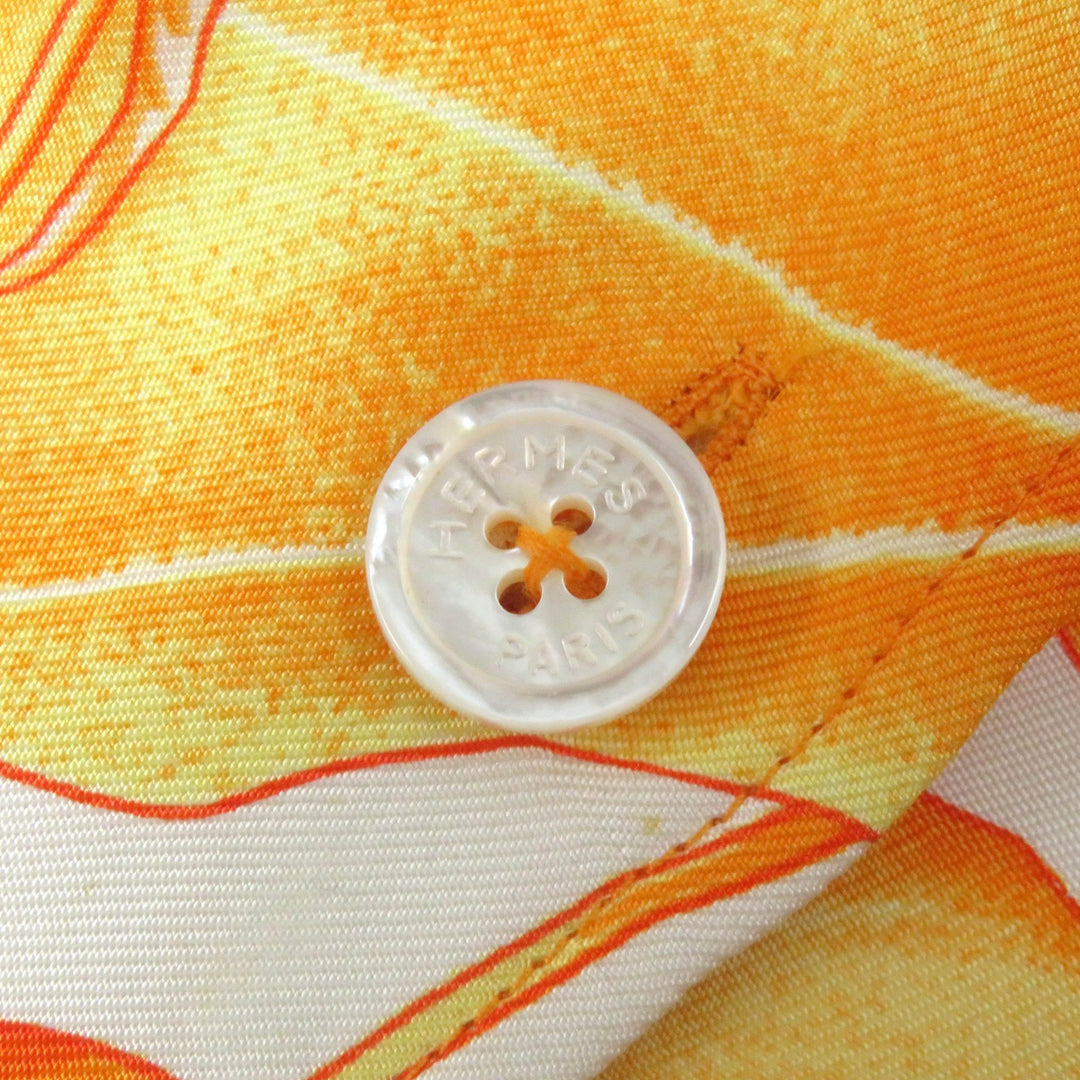 良品△HERMES エルメス ヴィンテージ マルジェラ期 Les Capucines 金蓮花 シルク100％ 長袖シャツ オレンジ系 38 フランス製 レディース