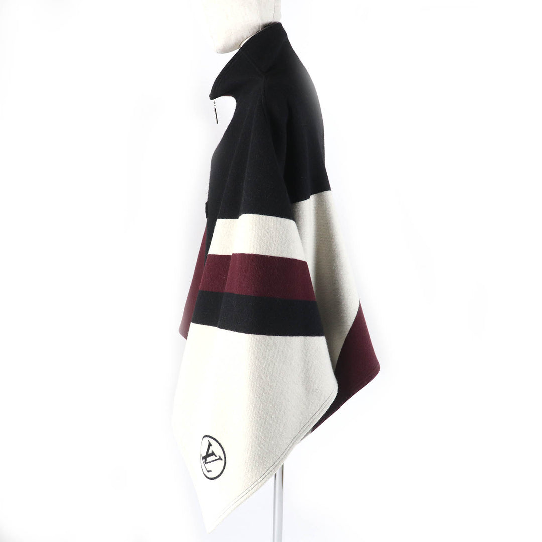 美品△LOUIS VUITTON ルイヴィトン ウール シルク グラフィック LVジャカード パイピングラム ZIP UP ポンチョ 黒 ボルドー 34 正規品
