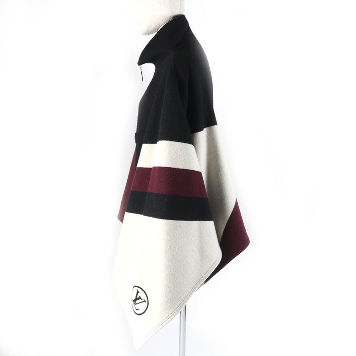美品△LOUIS VUITTON ルイヴィトン ウール シルク グラフィック LVジャカード パイピングラム ZIP UP ポンチョ 黒 ボルドー 34 正規品